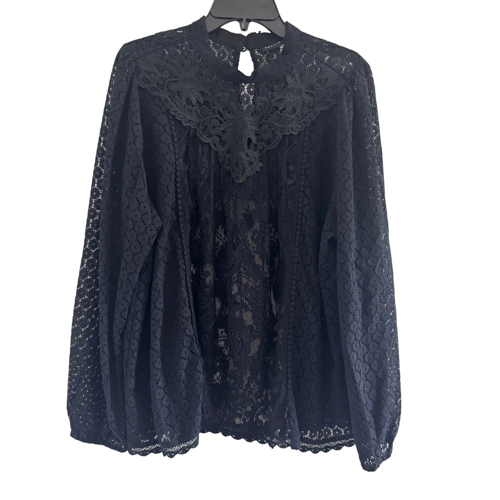 Torrid Lace Blouse Victorian High Neck Plus Size 2 Black Floral Sheer Top